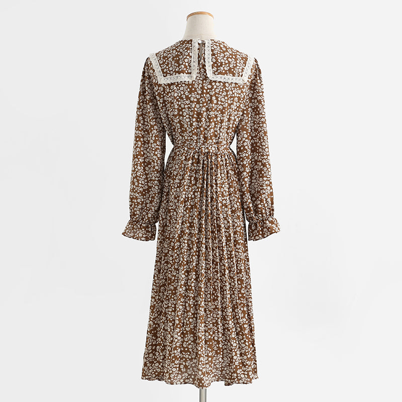 Dress gentle wind long sleeved chiffon skirt with slim waist and long Lapel skirt  2175