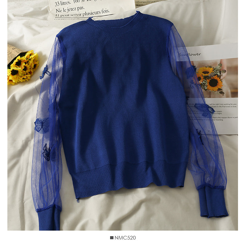 Pull à manches longues en maille cousue en trois dimensions avec motif papillon pour femme 2049
