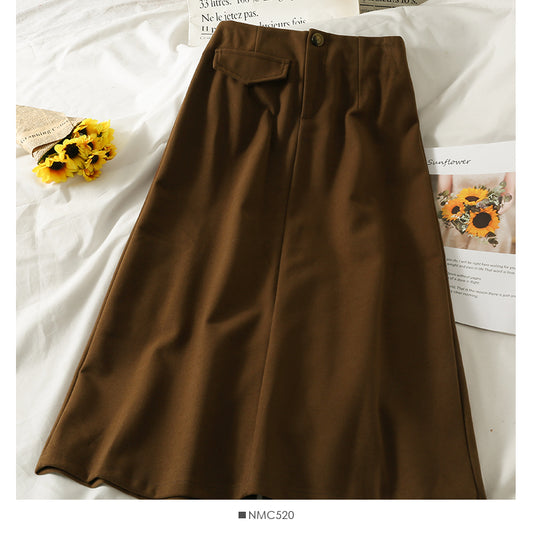 Jupe rétro taille haute et fine en laine à un bouton 2570