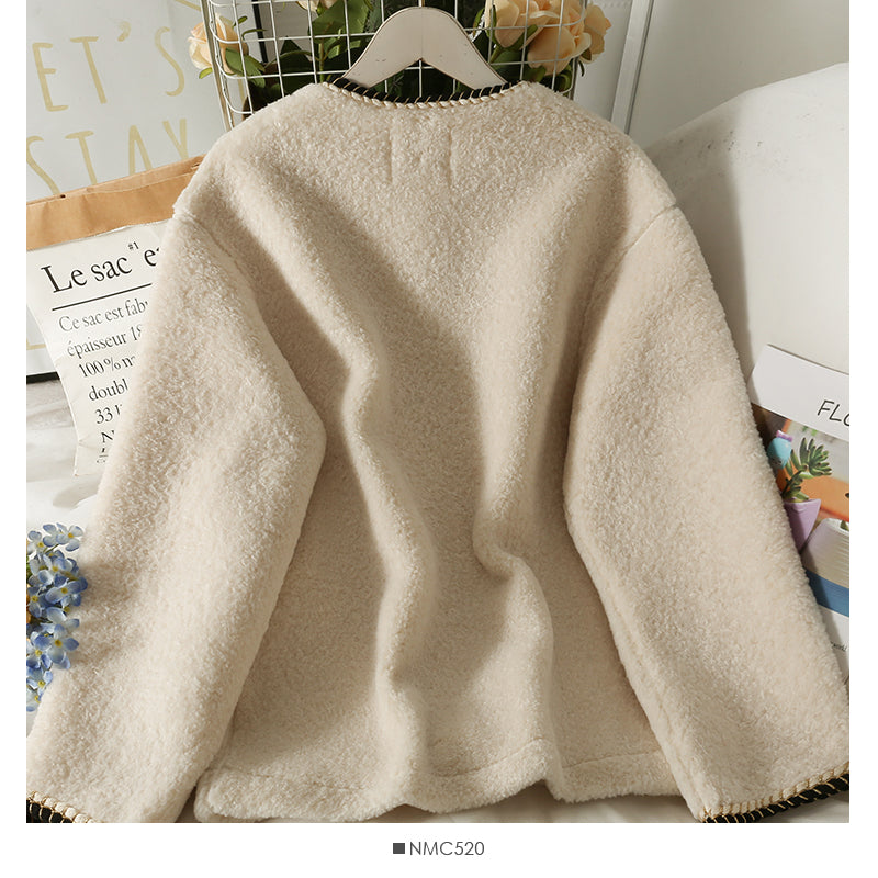 Seasonal bright silk trimmed lamb wool loose coat  2112