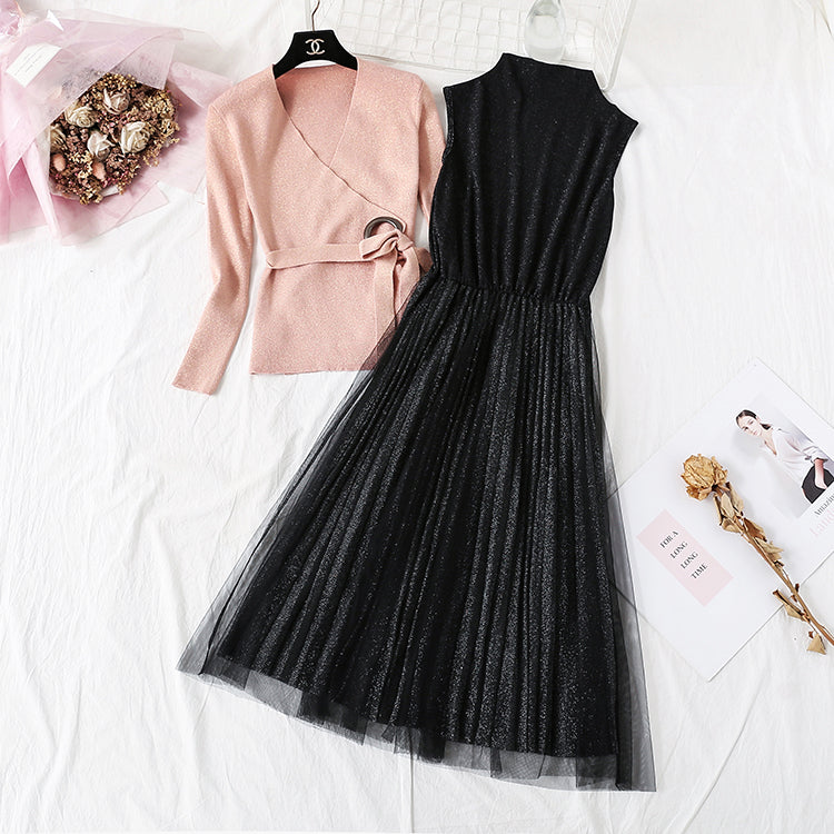 New long sleeve top pleated yarn skirt  2356