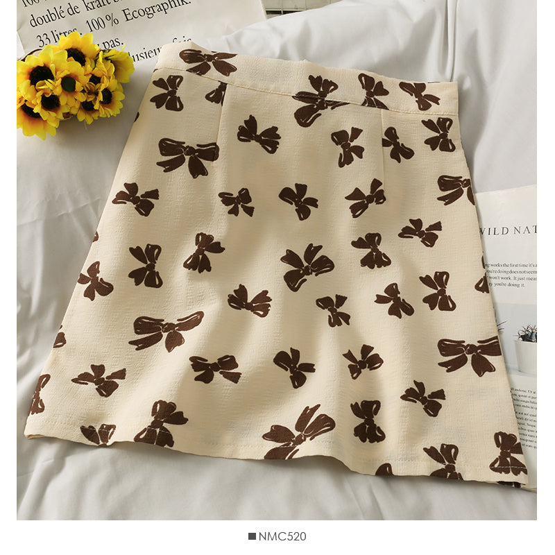 Hong Kong style retro bow printed high waist anti light A-line skirt  2621
