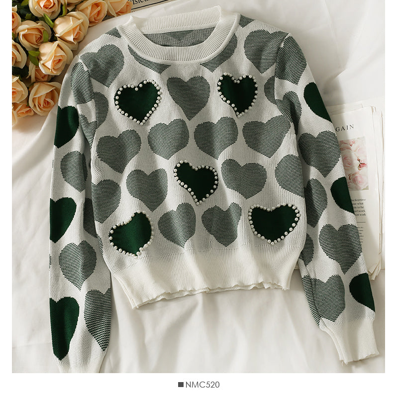 Pull imprimé coeur perle clou vent doux pour femme 1839