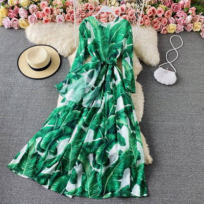 Robe élégante à col ras du cou avec imprimé rose français 3419