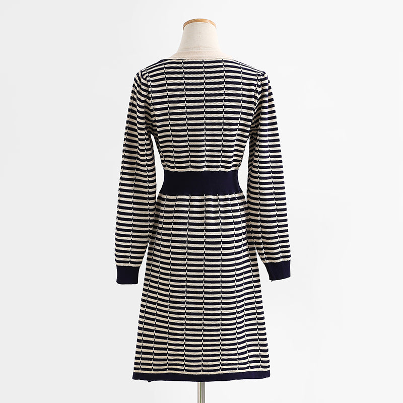 Design sense aging knitted striped dress with slim temperament  2281