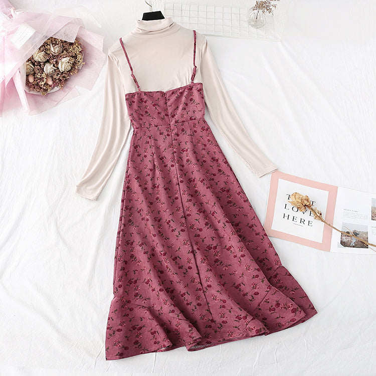 Two piece set of high necked bottom shirt + suspender floral skirt  2365