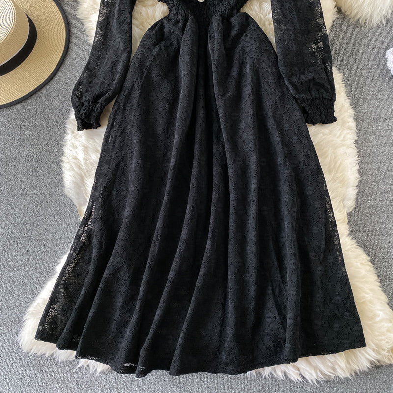 Women's dress with narrow waist and solid color bubble sleeve lace  3420