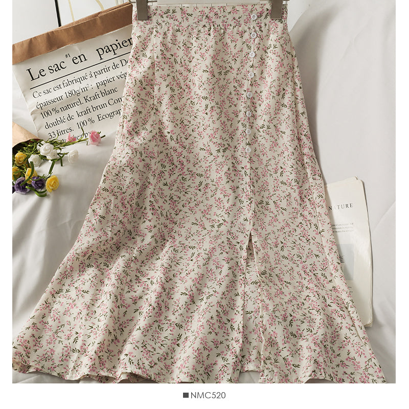 Retro High Waist slim breasted floral medium length skirt  2575