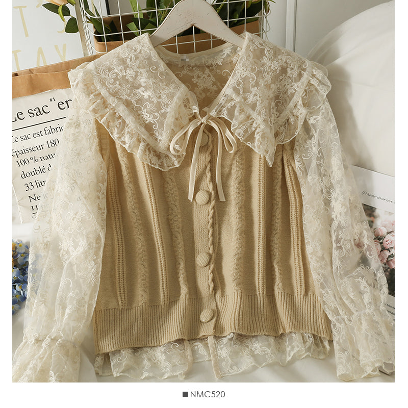 Chemise à fond en dentelle avec gilet en tricot à rayures verticales 1714