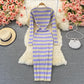 Robe en tricot rayée à manches longues et col rond élastique 2853