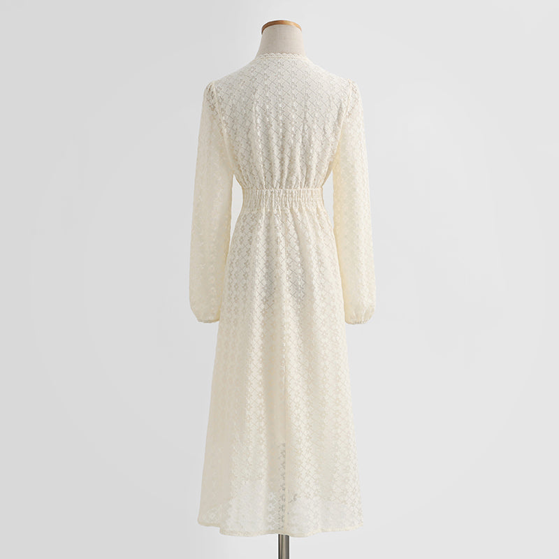 Dress long sleeved fairy lace skirt with thin waist, retro white first love skirt  2337