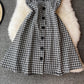 French retro waistband neckline Plaid Dress  2966