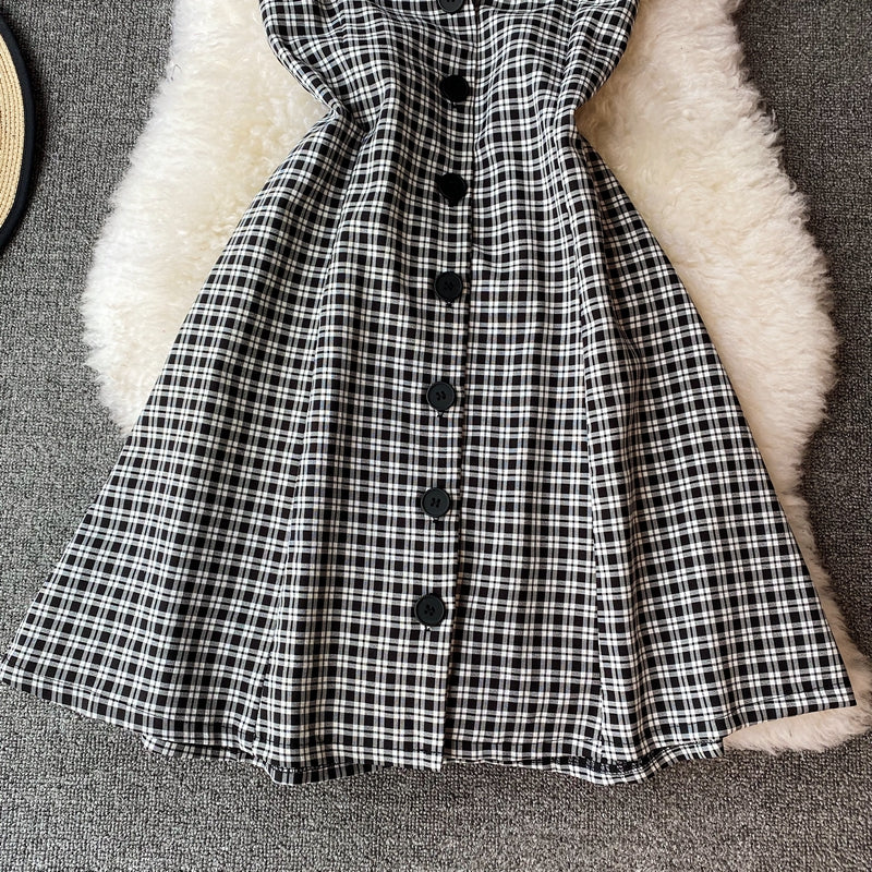 French retro waistband neckline Plaid Dress  2966