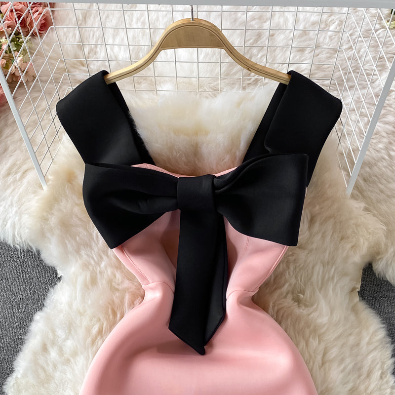 Light luxury celebrity dress open back suspender skirt large bow slim fit  2730