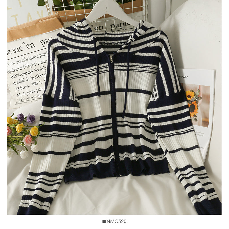 Cardigan à capuche avec cordon de serrage et fermeture éclair pour femme, pull fin à rayures coréennes, 2015