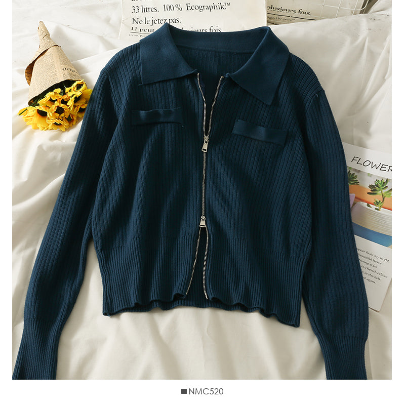 Cardigan zippé à revers et manches longues à rayures verticales 1830