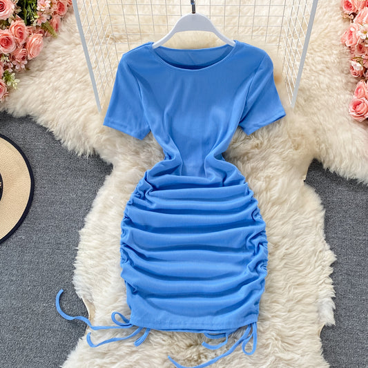 Sexy drawstring temperament slim round neck tight buttock dress  2777