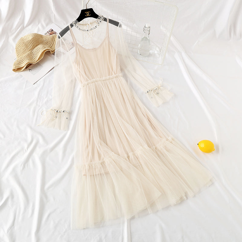 Mesh dress French elegant Sequin beaded lace up bottom skirt  2456