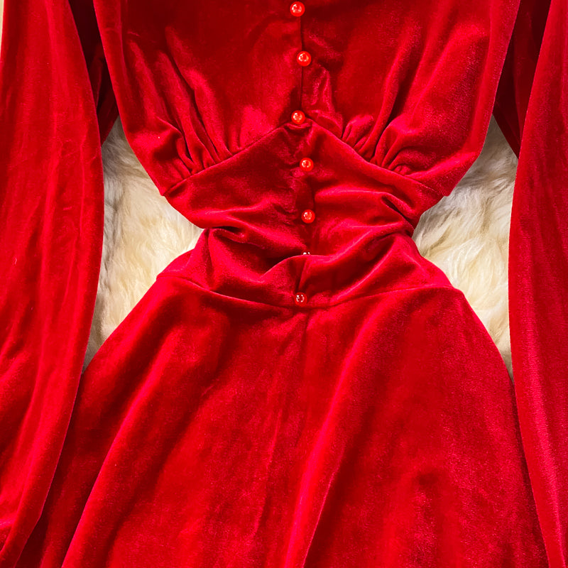 V-neck temperament high waist slim velvet dress  3089