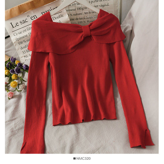 Pull coréen slim à clavicules et à volants papillon 1828