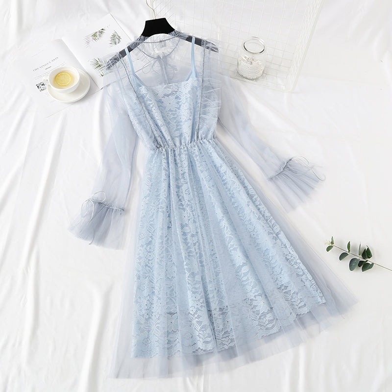 Bottom lace dress autumn and Winter Fairy mesh sling two-piece set  2462