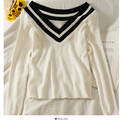 T-shirt coréen à rayures et épaules dénudées, col bas, clavicule exposée, manches longues, 1976