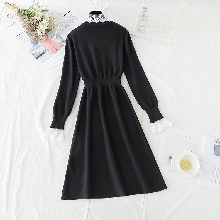 Lace stitched knit dress half high neck slim long sleeve  2404