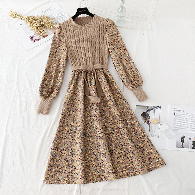 Floral dress new style stitching shows thin temperament slim fit with a bottomed sweater  2136