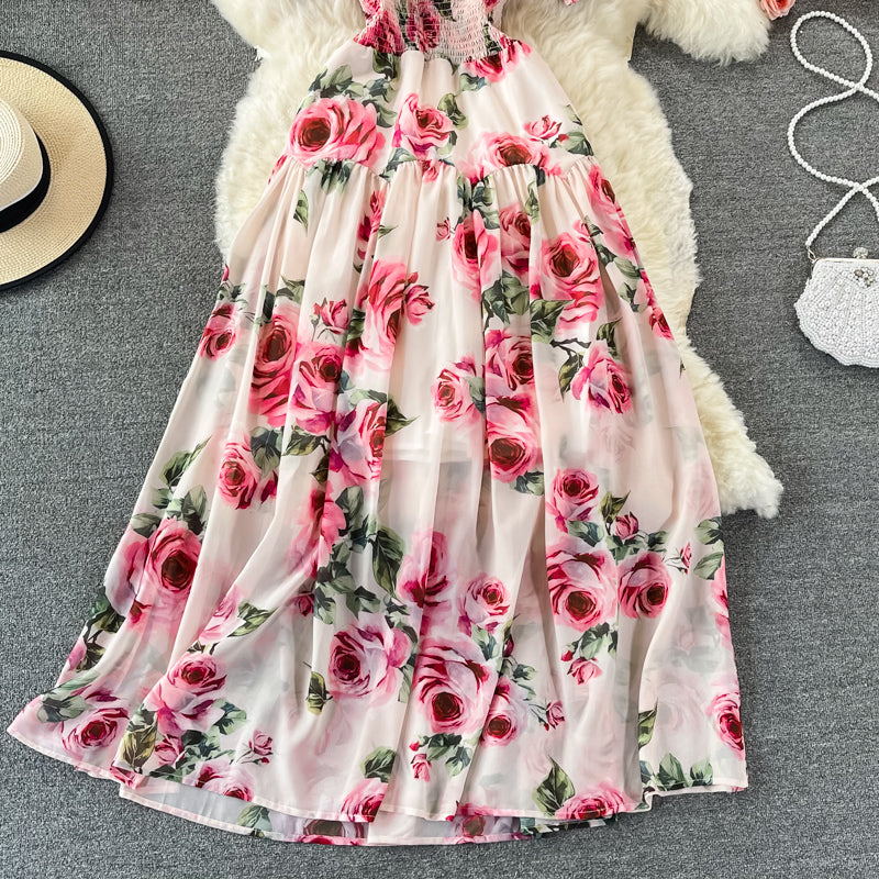 Robe élégante à imprimé rose et col en V 3082