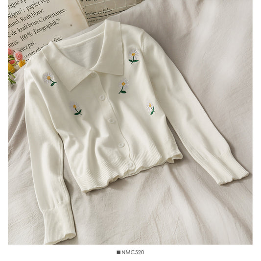 Petit cardigan à simple boutonnage brodé Daisy pour femme, pull 1934