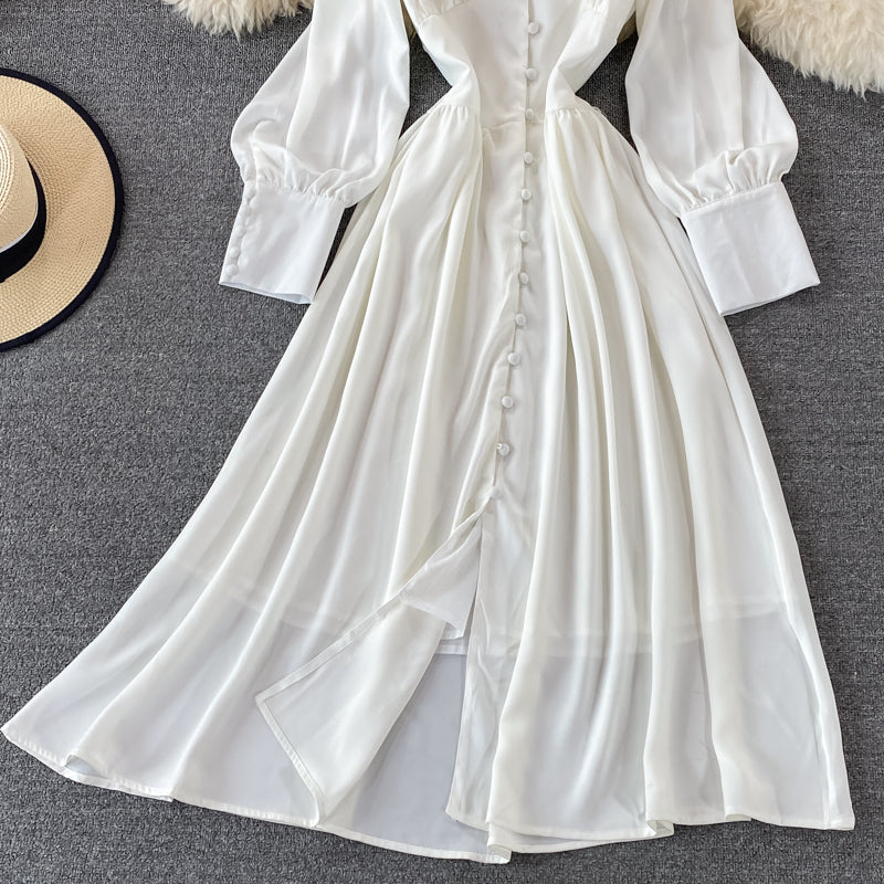 Single breasted waistband slim bubble sleeve dress long skirt  3334