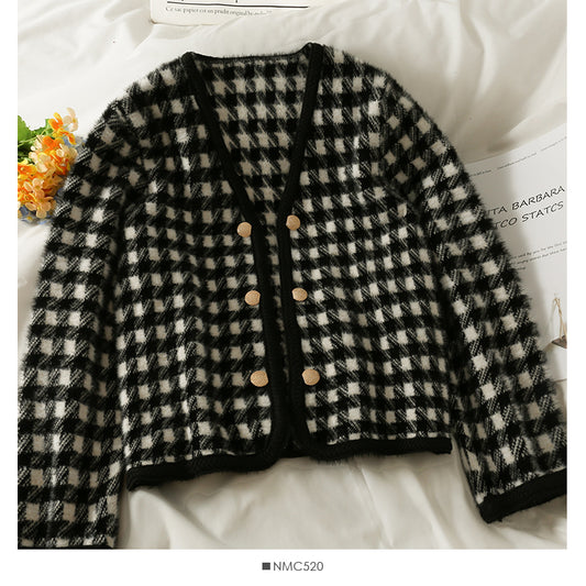 Cardigan croisé à carreaux vintage de Hong Kong, pull épais pour femme, 1943