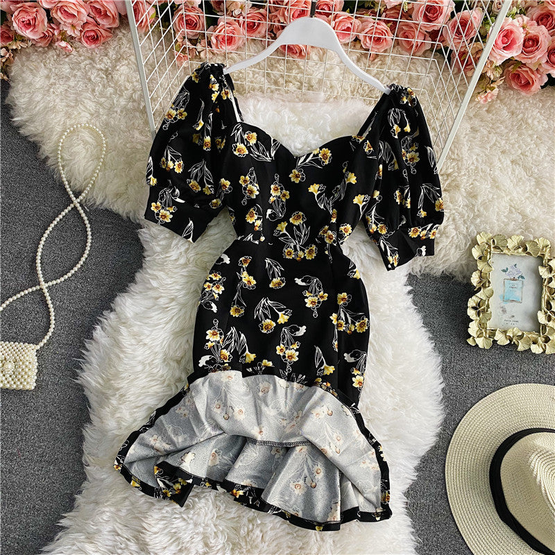 Robe portefeuille à imprimé floral, dos nu, col carré, manches bouffantes, queue de poisson, 2955
