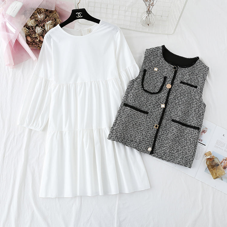 Two piece suit foreign style small fragrance vest LINED SKIRT loose A-line skirt  2357
