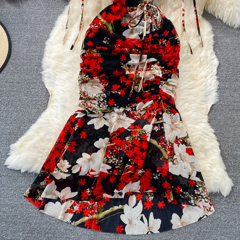Robe en mousseline à fleurs à col en V, fendue, coupe portefeuille, en queue de poisson, 3214