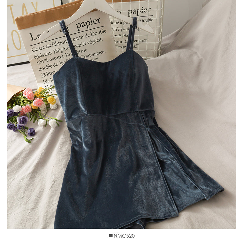 Jupe courte fendue taille haute en velours doré vintage avec bretelles réglables 2709
