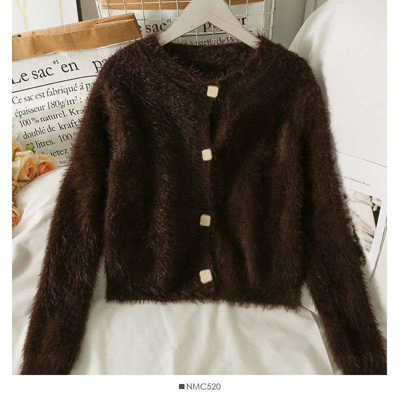 Pull col rond simple boutonnage à manches longues Pull col rond en peluche 1965