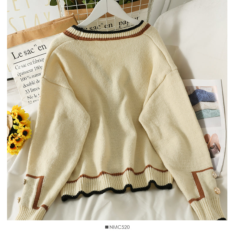 Pull femme rayé col bas cardigan simple boutonnage sur le dessus 1984