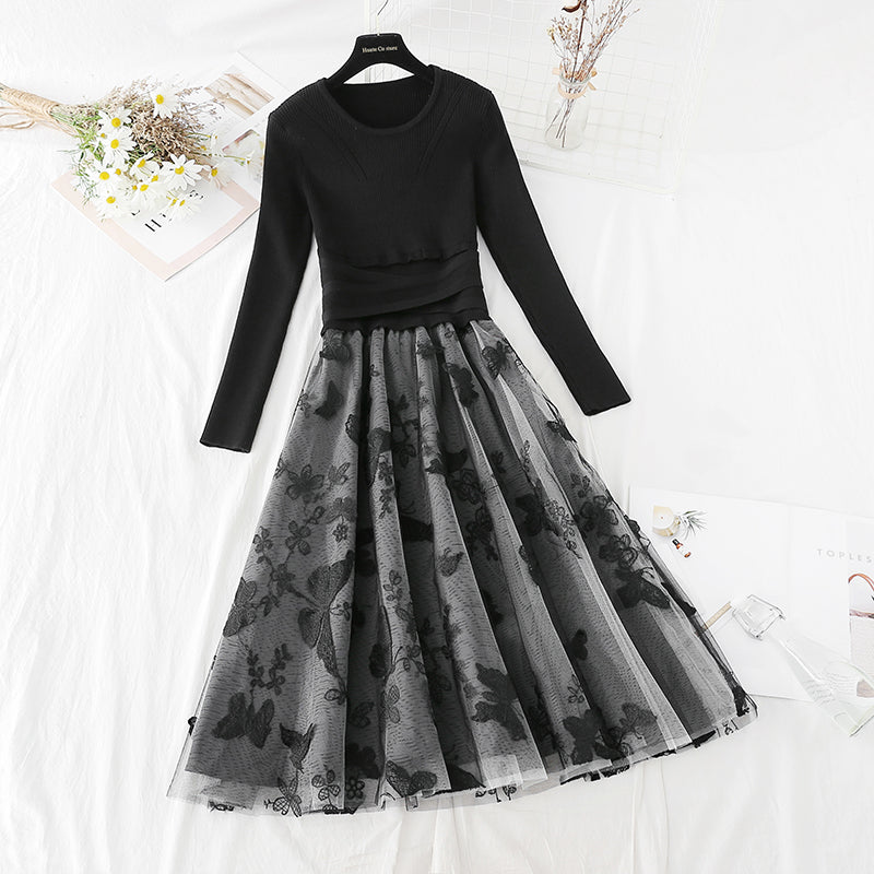 Red dress mesh embroidery stitching knit slim bottomed skirt  2169