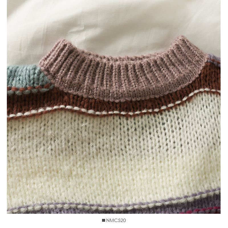 Pull à manches longues et col rond à rayures contrastées de couleur élégante pour femme 2071
