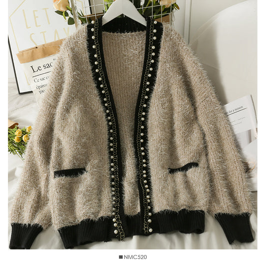 Cardigan mi-long en perles de style rétro de Hong Kong pour femme, veste ample à manches longues, 2042