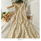 Sweet wind printed pleated high waist thin medium length dress  2707