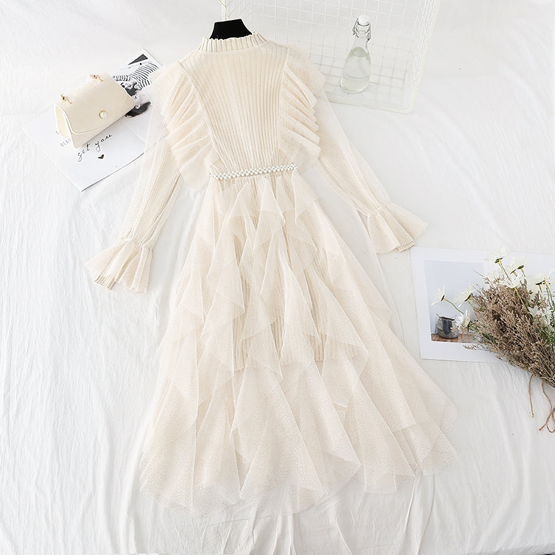 Embroidered mesh two-piece set light mature and slim knit dress  2226