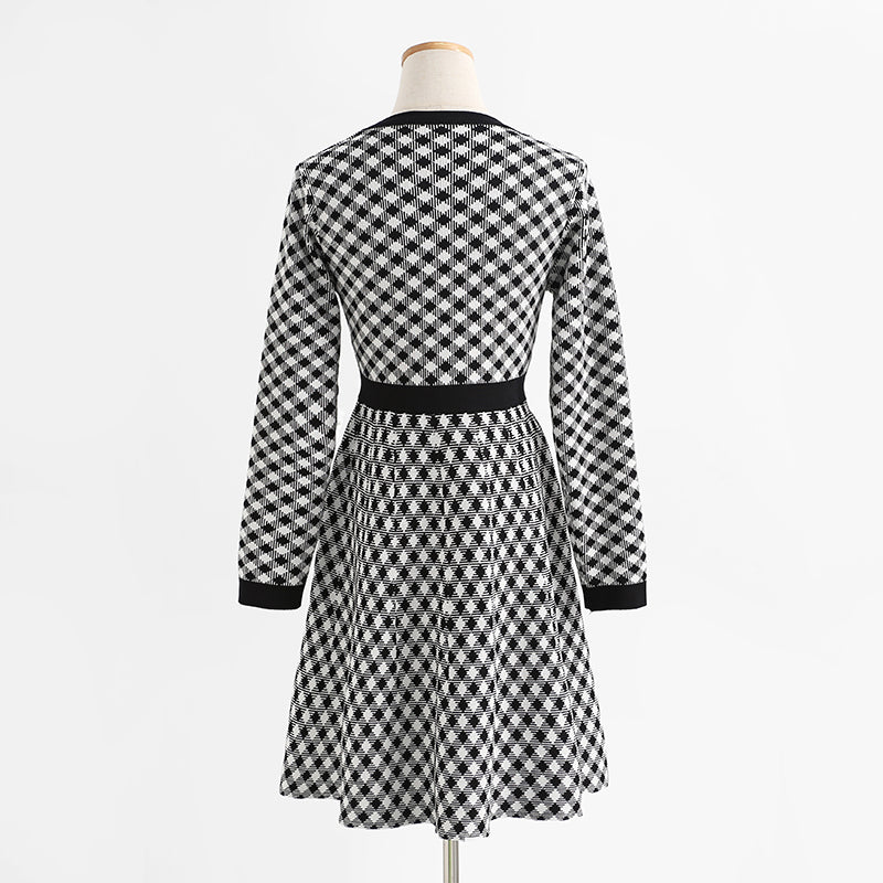 Small fragrance dress long sleeve slim thousand bird check skirt  2425