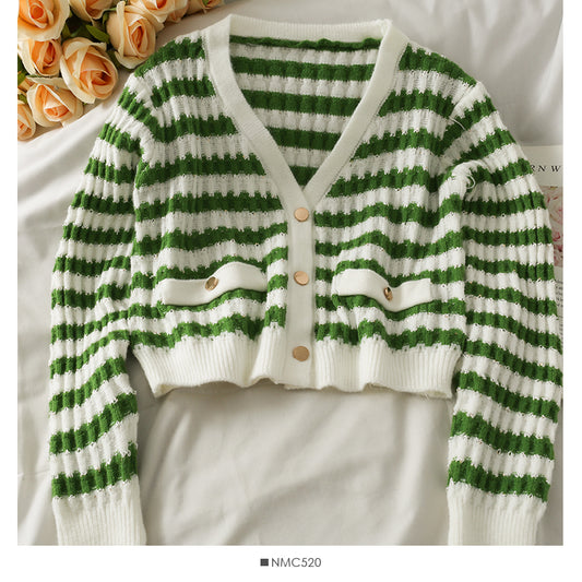 Cardigan rayé ample et fin à simple boutonnage, pull à manches longues 1850
