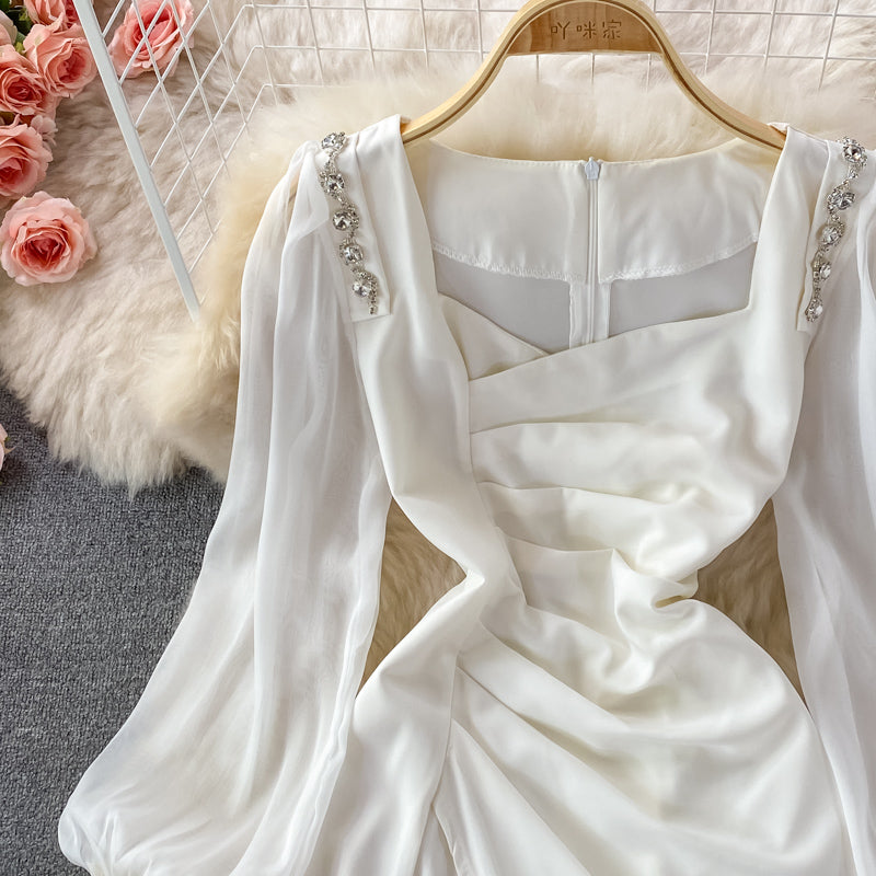 Robe à col carré à manches bouffantes de style rétro français coréen 2844