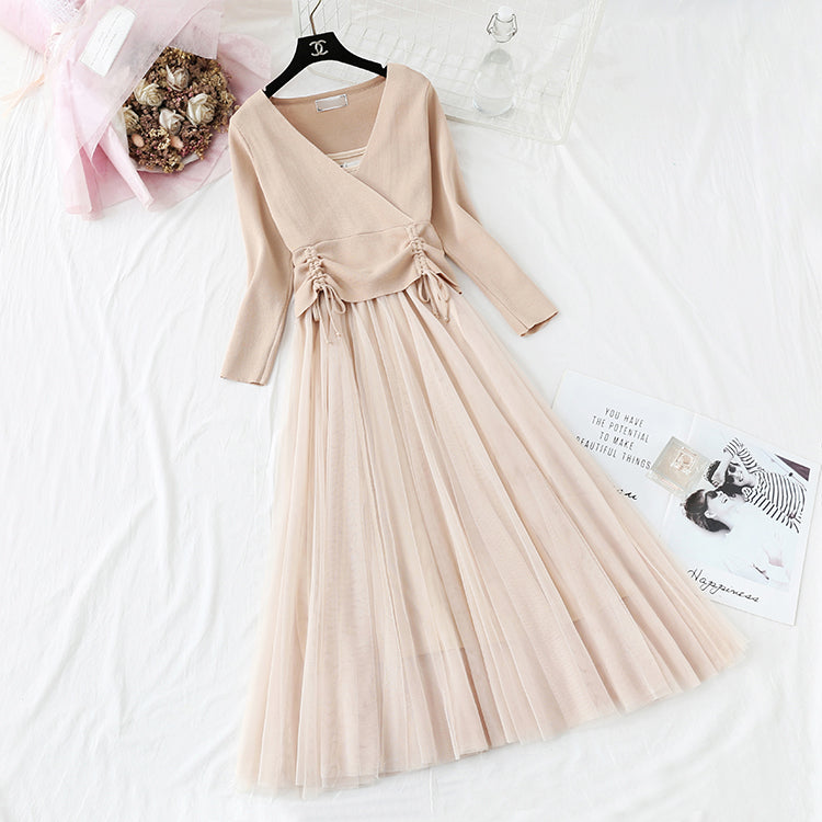Women's suit skirt fashion knitted sweater + suspender mesh dress  2174