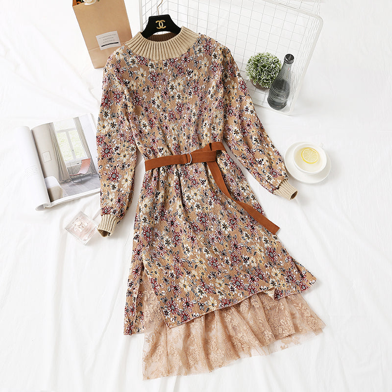 Polka Dot Plaid floral long skirt with lace bottom skirt is thin and tall  2460