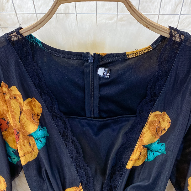 Robe portefeuille élastique sexy à col en V et imprimé 3248