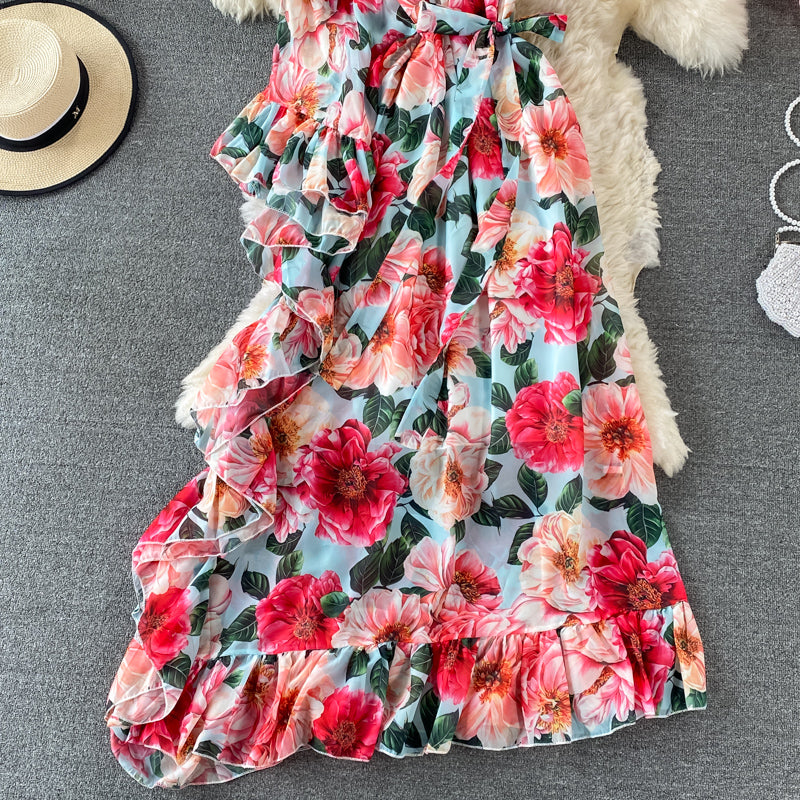 Slant neck one side off shoulder lace up Printed Dress  3195